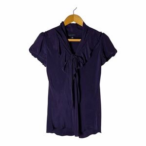 Banana Republic Purple 100% Silk Ruffle Tie-Neck Blouse Top M Y2K Fairy Office